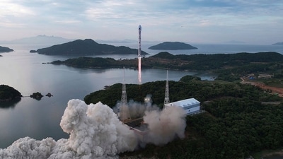 Chollima-1 rocket carrying the Malligyong-1 satellite at the Sohae Satellite Launching Ground Wednesday. (AP)
