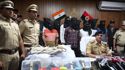 Police officers address a press conference following the arrest of the 10 suspects. (Parveen Kumar/HT) Police officers address a press conference following the arrest of the 10 suspects. (Parveen Kumar/HT)