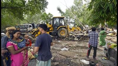 The anti-encroachment drive at Bhairon Marg on Thursday. (Sanjeev Verma/HT Photo)