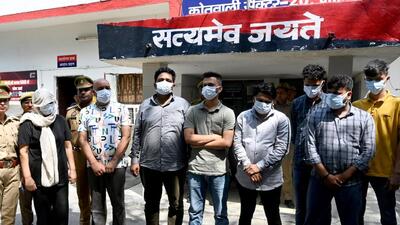 The suspects have been identified as Yasin Sheikh, 38, of Mumbai, Akash Saini, 21, of Sahibabad, Atul Sengar, 23, of Hathras, Avni, 25, of Noida, Deepak Murjani, 48, his wife Vinita, 45, Vishal, 20, and Rajeev, 38, (all Delhi). They were apprehended at their office in Madhu Vihar, Delhi. (Sunil Ghosh/HT Photo) The suspects have been identified as Yasin Sheikh, 38, of Mumbai, Akash Saini, 21, of Sahibabad, Atul Sengar, 23, of Hathras, Avni, 25, of Noida, Deepak Murjani, 48, his wife Vinita, 45, Vishal, 20, and Rajeev, 38, (all Delhi). They were apprehended at their office in Madhu Vihar, Delhi. (Sunil Ghosh/HT Photo)
