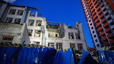 An office building damaged during Russian missile strikes, amid Russia's attack on Ukraine, in Kyiv, Ukraine. (via REUTERS)