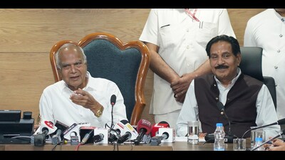 UT administrator Banwarilal Purohit and adviser Dharam Pal addressing a press conference at the New Secretariat Building in Sector 9, Chandigarh, on Thursday. (Keshav Singh/HT) UT administrator Banwarilal Purohit and adviser Dharam Pal addressing a press conference at the New Secretariat Building in Sector 9, Chandigarh, on Thursday. (Keshav Singh/HT)