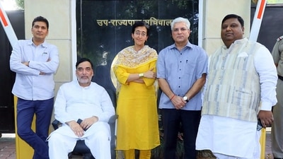 Delhi Ministers Gopal Rai, Atishi, Saurabh Bharadwaj, and Kailash Gehlot arrive (AAP Twitter) Delhi Ministers Gopal Rai, Atishi, Saurabh Bharadwaj, and Kailash Gehlot arrive (AAP Twitter)
