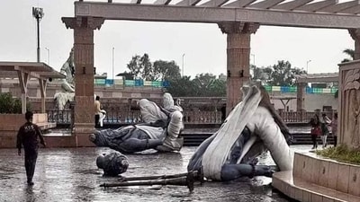 Six statues of saptrishi (seven sages) fell off the pedestals due to strong winds on Sunday and another 11 developed cracks. (Twitter)