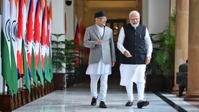 PM Modi along with his Nepalese counterpart Pushpa Dahal. (Twitter/Arindam Bagchi) PM Modi along with his Nepalese counterpart Pushpa Dahal. (Twitter/Arindam Bagchi)