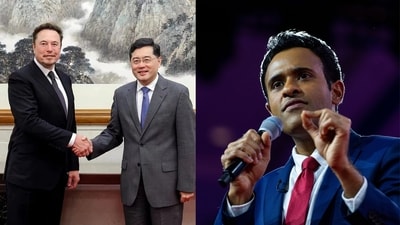 Handout picture taken and released by the Ministry of Foreign Affairs of the People's Republic of China (Left). Vivek Ramaswamy speaks at the Conservative Political Action Conference, CPAC 2023. (Right) (AFP)