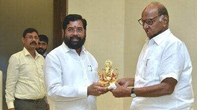 NCP chief Sharad Pawar meets Maharashtra chief minister Eknath Shinde at his residence on Thursday evening. NCP chief Sharad Pawar meets Maharashtra chief minister Eknath Shinde at his residence on Thursday evening.