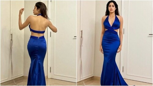 Janhvi Kapoor poses in a blue cut-out gown. (Instagram) Janhvi Kapoor poses in a blue cut-out gown. (Instagram)