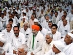 Farmer leader Rakesh Tikait at a Khap panchayat members meeting in support of the wrestlers' protest, in Kurukshetra on Friday.