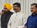 Jharkhand Chief Minister Hemant Soren with Delhi Chief Minister and AAP Convener Arvind Kejriwal and Punjab Chief Minister Bhagwant Mann during a joint press conference after their meeting, in Ranchi.