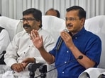 Jharkhand chief minister Hemant Soren with Delhi Chief Minister and AAP Convener Arvind Kejriwal and Punjab Chief Minister Bhagwant Mann during a joint press conference after their meeting, in Ranchi, Friday.