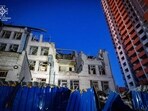 An office building damaged during Russian missile strikes, amid Russia's attack on Ukraine, in Kyiv, Ukraine. 