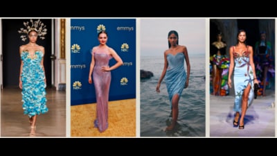 (Left to right) Ocean-inspired and mermaidcore designs by Rahul Mishra (2023); Armani Privé worn by actor Amanda Seyfried (2022); Gaurav Gupta (2023); Versace (2021). (Getty Images) (Left to right) Ocean-inspired and mermaidcore designs by Rahul Mishra (2023); Armani Privé worn by actor Amanda Seyfried (2022); Gaurav Gupta (2023); Versace (2021). (Getty Images)
