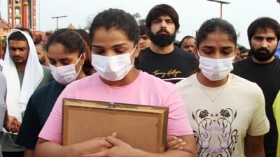 Protesting wrestlers Sakshi Malik, Sangeeta Phogat, Vinesh Phogat and Satyawart Kadian, who have accused the Wrestling Federation of India (WFI) chief Brij Bhushan Sharan Singh of sexual harassment (Rameshwar Gaur) Protesting wrestlers Sakshi Malik, Sangeeta Phogat, Vinesh Phogat and Satyawart Kadian, who have accused the Wrestling Federation of India (WFI) chief Brij Bhushan Sharan Singh of sexual harassment (Rameshwar Gaur)