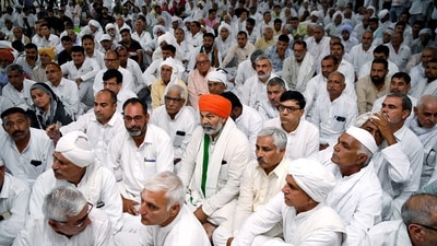Farmer leader Rakesh Tikait at a Khap panchayat members meeting in support of the wrestlers' protest, in Kurukshetra on Friday. (ANI) Farmer leader Rakesh Tikait at a Khap panchayat members meeting in support of the wrestlers' protest, in Kurukshetra on Friday. (ANI)