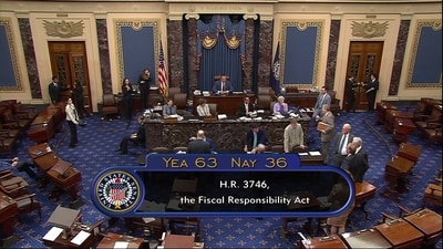 In this image from Senate Television, the final vote of 63-36 shows passage of the bill to raise the debt ceiling Thursday night, June 1, 2023, in the Senate at the Capitol in Washington. President Joe Biden is expected to quickly sign the bill that will stave off default. (Senate Television via AP) (AP) In this image from Senate Television, the final vote of 63-36 shows passage of the bill to raise the debt ceiling Thursday night, June 1, 2023, in the Senate at the Capitol in Washington. President Joe Biden is expected to quickly sign the bill that will stave off default. (Senate Television via AP) (AP)