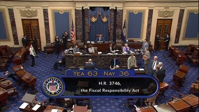 In this image from Senate Television, the final vote of 63-36 shows passage of the bill to raise the debt ceiling Thursday night, June 1, 2023, in the Senate. (AP)