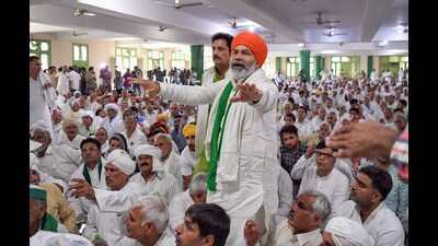Farmer leader Rakesh Tikait during a Khap panchayat in Kurukshetra on Friday. (ANI)