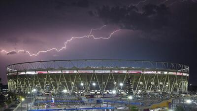 Lightning strikes over Ahmedabad’s Narendra Modi Stadium during the IPL final cricket match on May 29. (AFP File) Lightning strikes over Ahmedabad’s Narendra Modi Stadium during the IPL final cricket match on May 29. (AFP File)