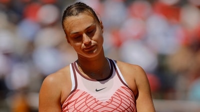 Belarus' Aryna Sabalenka reacts during her third round match against Russia's Kamilla Rakhimova (REUTERS)