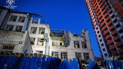 An office building damaged during Russian missile strikes, amid Russia's attack on Ukraine, in Kyiv, Ukraine. (via REUTERS)