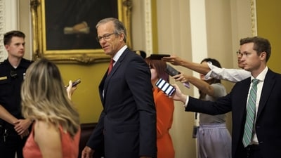 Senate Minority Whip John Thune, a Republican from South Dakota, speaks to members of the media at the US Capitol in Washington, DC, US, on Thursday, June 1, 2023. Senators are scrambling today to agree on a plan for swift consideration of the debt-limit deal forged by President Biden and the House Speaker ahead of a June 5 deadline to avert a destabilizing default. Photographer: Ting Shen/Bloomberg (Bloomberg) Senate Minority Whip John Thune, a Republican from South Dakota, speaks to members of the media at the US Capitol in Washington, DC, US, on Thursday, June 1, 2023. Senators are scrambling today to agree on a plan for swift consideration of the debt-limit deal forged by President Biden and the House Speaker ahead of a June 5 deadline to avert a destabilizing default. Photographer: Ting Shen/Bloomberg (Bloomberg)