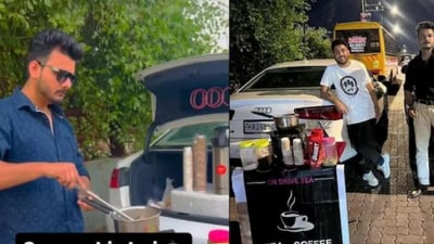 Sharma and Kashyap have been selling tea from trunk of car worth ₹70 lakh form past 6 months. (Twitter/@SrikantMatrubai) Sharma and Kashyap have been selling tea from trunk of car worth ₹70 lakh form past 6 months. (Twitter/@SrikantMatrubai)