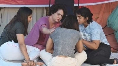 Priyanka Gandhi with protesting wrestlers at Delhi's Jantar Mantar in April 2023.