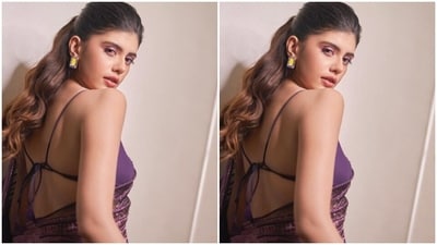 Sanjana decked up in the purple six yards of grace featuring metallic chords lining the length of the saree. In a matching purple blouse with slip details and a plunging neckline, Sanjana further accessorised her look for the day.&nbsp; (Instagram/@sanjanasanghi96)