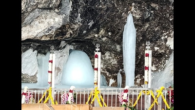 A view of the holy Shiva Lingam at Amarnath shrine in Jammu and Kashmir on Saturday. (ANI)