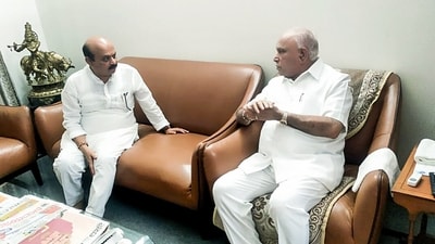 Former Karnataka CM Basavaraj Bommai meets BJP leader BS Yediyurappa, on Friday. (ANI Photo) (ANI Pic Service) Former Karnataka CM Basavaraj Bommai meets BJP leader BS Yediyurappa, on Friday. (ANI Photo) (ANI Pic Service)