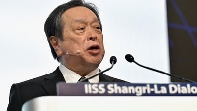 Japan's Minister of Defense, Hamada Yasukazu, speaks at a plenary session during the 20th IISS Shangri-La Dialogue in Singapore. (Reuters)