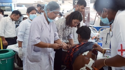 An injured person from the Odisha's Balasore train accident that claimed at least 261 lives, being treated at Howrah station in Howrah, West Bengal on Saturday. (ANI) An injured person from the Odisha's Balasore train accident that claimed at least 261 lives, being treated at Howrah station in Howrah, West Bengal on Saturday. (ANI)