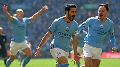 Manchester City's German midfielder Ilkay Gundogan (C) celebrates after scoring the early opening goal during the English FA Cup final (AFP) Manchester City's German midfielder Ilkay Gundogan (C) celebrates after scoring the early opening goal during the English FA Cup final (AFP)