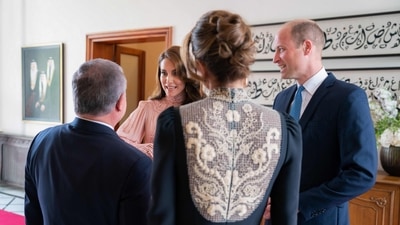 Jordan Royal Wedding: King Abdullah II (L) and Queen Rania (2nd R) welcoming Britain's William (R), Prince of Wales and Catherine, Princess of Wale. (AFP) Jordan Royal Wedding: King Abdullah II (L) and Queen Rania (2nd R) welcoming Britain's William (R), Prince of Wales and Catherine, Princess of Wale. (AFP)