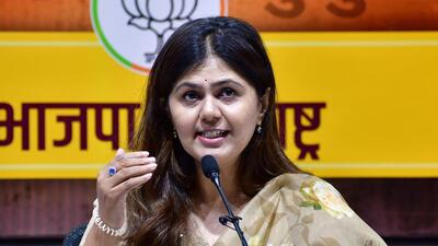 Mumbai, India - November 23, 2021: BJP National Secretary Pankaja Munde addresses the media during a press conference at BJP Office, in Mumbai, India, on Tuesday, November 23, 2021. (Photo by Bhushan Koyande/ HT Photo) (HT PHOTO) Mumbai, India - November 23, 2021: BJP National Secretary Pankaja Munde addresses the media during a press conference at BJP Office, in Mumbai, India, on Tuesday, November 23, 2021. (Photo by Bhushan Koyande/ HT Photo) (HT PHOTO)
