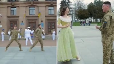 The image shows Ukraine soldiers recreating Oscar-winning song Naatu Naatu from the film RRR. (Twitter/@jane_fedotova) The image shows Ukraine soldiers recreating Oscar-winning song Naatu Naatu from the film RRR. (Twitter/@jane_fedotova)