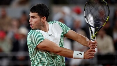 Spain's Carlos Alcaraz in action during his third round match against Canada's Denis Shapovalov (REUTERS)