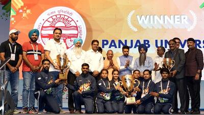 The Panjab University team posing with the overall winners’ trophy at the third Khelo India University Games . (HT Photo) The Panjab University team posing with the overall winners’ trophy at the third Khelo India University Games . (HT Photo)