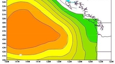 The warm patch of water in the Pacific Ocean, known as The Blob, brought unusual heat to parts of the world. Water temperature inside the blob reached 2.5 degrees Celsius (pictured here) above normal in many places. (Wiki Commons)
