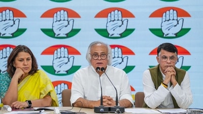 Congress party leader Jairam Ramesh with party leaders Supriya Shrinate (L) and Pawan Khera (R) and others during a press conference, (PTI / File) Congress party leader Jairam Ramesh with party leaders Supriya Shrinate (L) and Pawan Khera (R) and others during a press conference, (PTI / File)