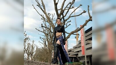 Radhika Madan wore an edgy black cut-out crop top featuring glove sleeves and a turtle neckline. (Instagram/@radhikamadan) Radhika Madan wore an edgy black cut-out crop top featuring glove sleeves and a turtle neckline. (Instagram/@radhikamadan)