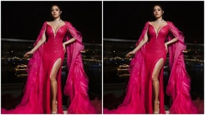 Nushrratt played muse to fashion designer Tanieya Khanuja and picked a hot pink gown from the shelves of the designer.&nbsp; (Instagram/@tanieyakhanuja)