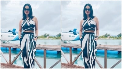 Sunny played muse to fashion designer house The Missy Co and picked a blue co-ord set for the pictures. The actor decked up in a monochrome cropped top with halter neckline and teamed it with a pair of matching trousers with wide legs.&nbsp; (Instagram/@sunnyleone)