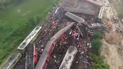 Ariel view of the tragic train collision that occurred in Odisha's Balasore district. (Hindustan Times) Ariel view of the tragic train collision that occurred in Odisha's Balasore district. (Hindustan Times)
