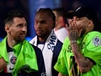 Lionel Messi and Neymar during the 2022-2023 Ligue 1 trophy ceremony. Lionel Messi and Neymar during the 2022-2023 Ligue 1 trophy ceremony.