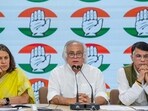Congress party leader Jairam Ramesh with party leaders Supriya Shrinate (L) and Pawan Khera (R) and others during a press conference, in New Delhi. Congress party leader Jairam Ramesh with party leaders Supriya Shrinate (L) and Pawan Khera (R) and others during a press conference, in New Delhi.