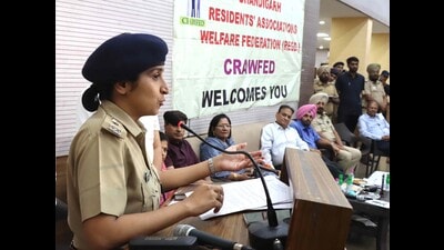 Chandigarh SSP Kanwardeep Kaur interacting with members of CRAWFED in Chandigarh on Sunday. (Keshav Singh/HT) Chandigarh SSP Kanwardeep Kaur interacting with members of CRAWFED in Chandigarh on Sunday. (Keshav Singh/HT)