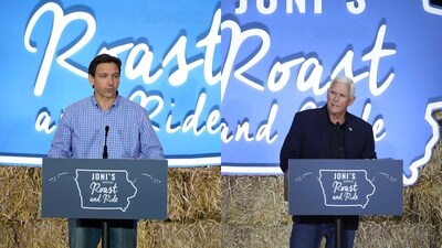 Florida Gov. Ron DeSantis and Former Vice President Mike Pence speaks to guests during the Joni Ernst's Roast and Ride event. Florida Gov. Ron DeSantis and Former Vice President Mike Pence speaks to guests during the Joni Ernst's Roast and Ride event.