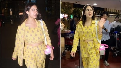 Sara Ali Khan wears a co-ord outfit and matching juttis at the airport. (HT Photo/Varinder Chawla, Instagram) Sara Ali Khan wears a co-ord outfit and matching juttis at the airport. (HT Photo/Varinder Chawla, Instagram)